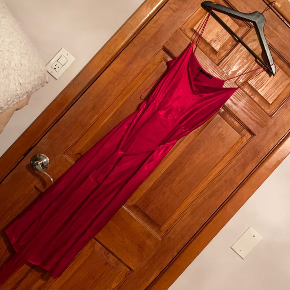 Zara Red Satin Midi Slip Dress with Slit